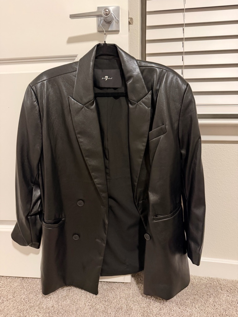 7 For All Mankind Black Faux Leather Double-Breasted Blazer
